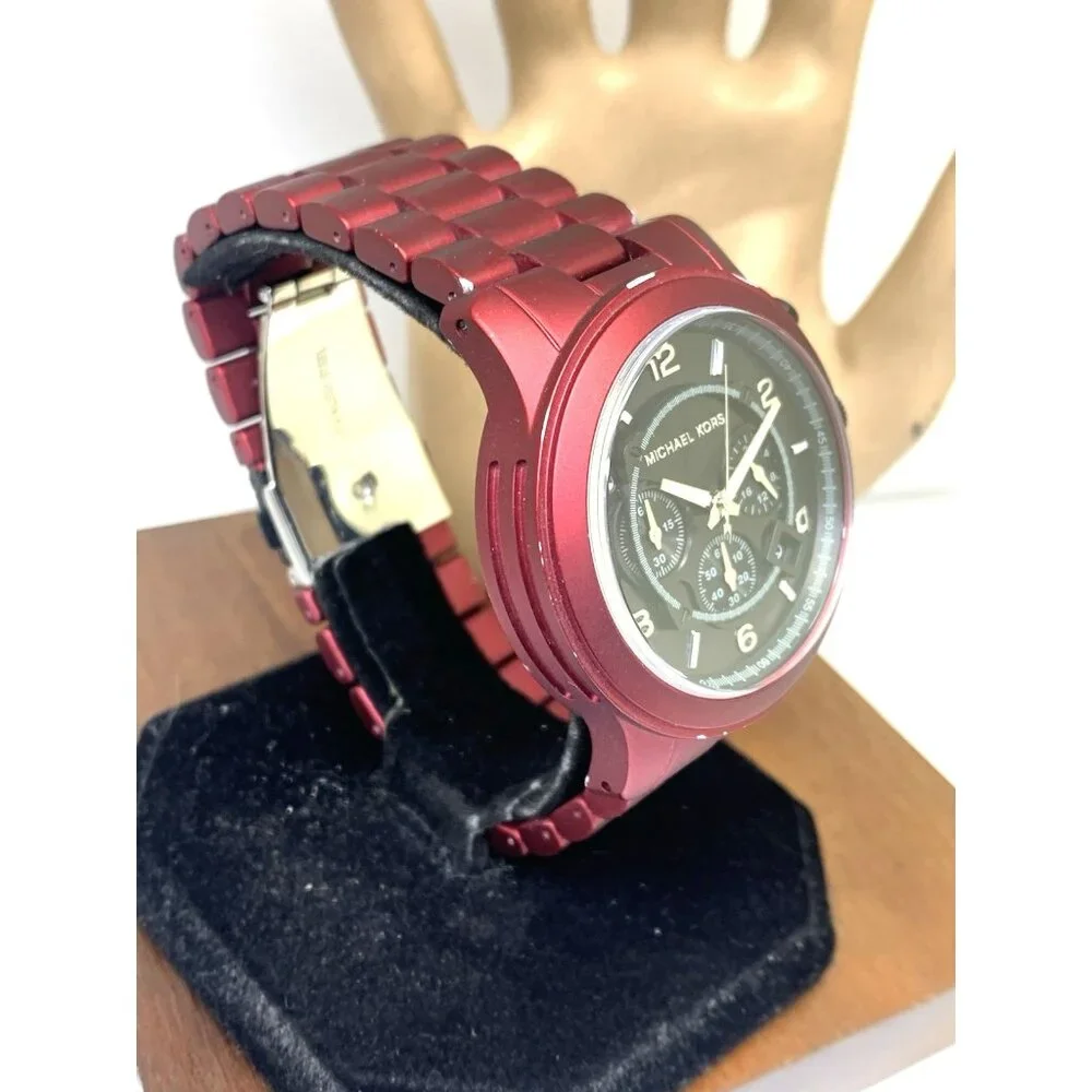 Michael Kors Mens Watch MK9148 Runway Quartz Black Dial Red Stainless Steel 45mm